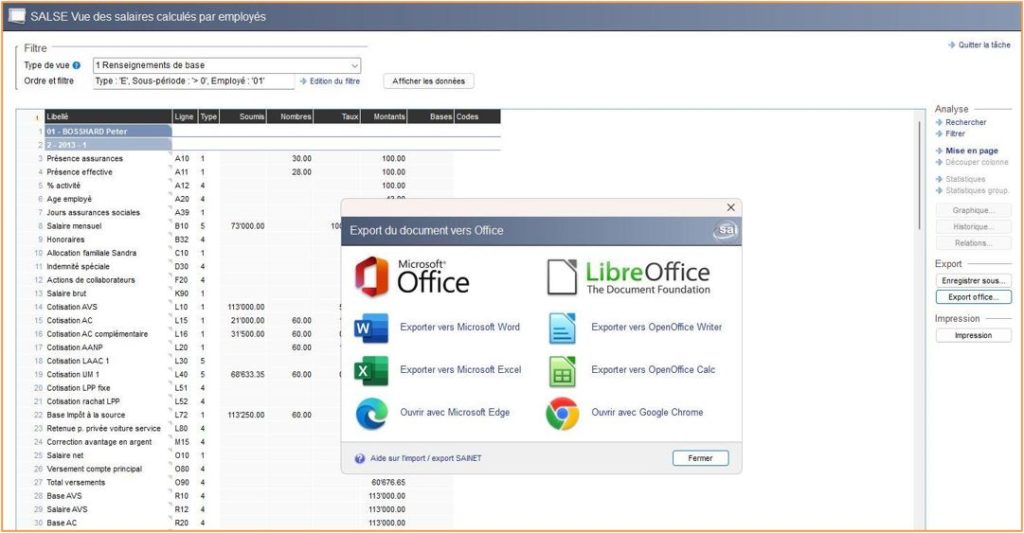 Export d’une vue salariale dans Microsoft Office ou LibreOffice pour analyse.