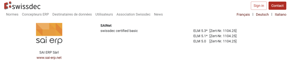 Site Internet Swissdec - Certification SAI ERP