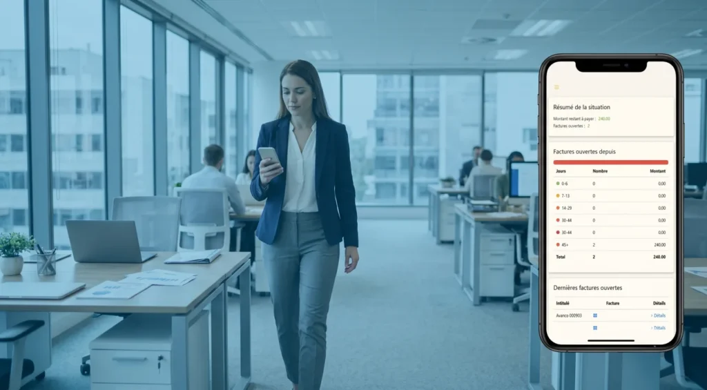 Comptable consultant le tableau de bord des factures ouvertes sur l'application mobile sai, dans un bureau lumineux