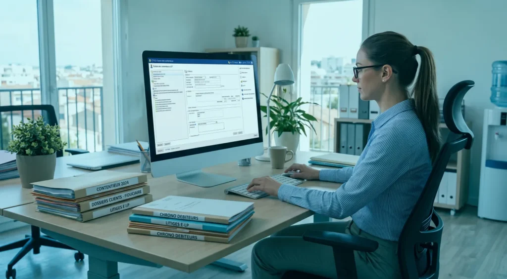 Gestionnaire de contentieux suivant le cycle de la poursuite ordinaire sur le logiciel sai, dans un bureau lumineux