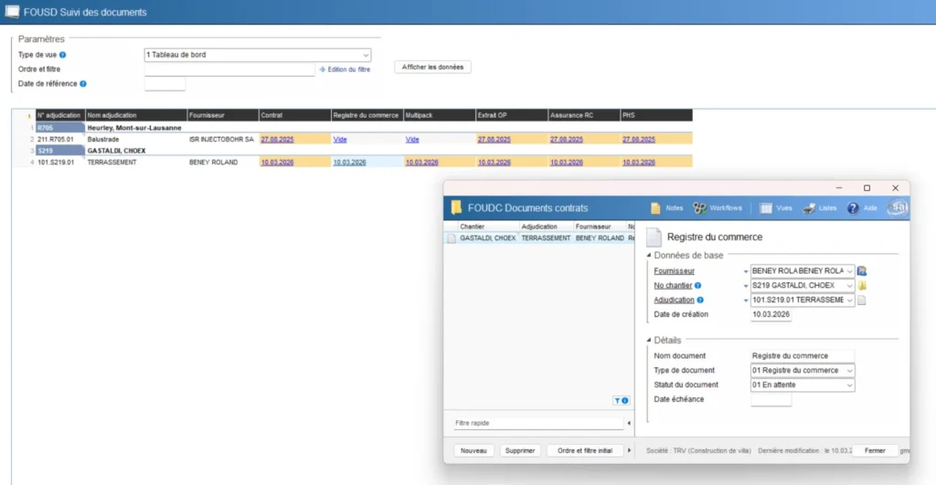 Suivi des contrats fournisseurs et checklist documentaire (contrat, RC, extrait OP, assurance RC) dans sai Build