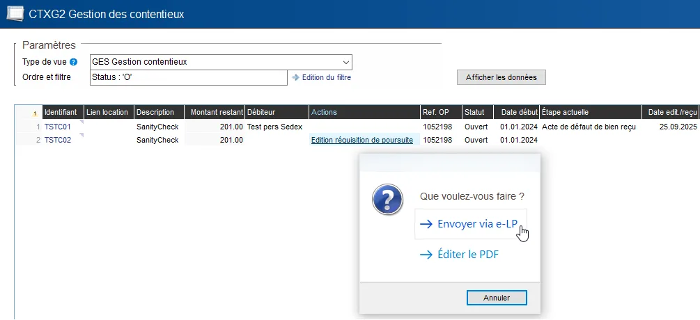 Génération des actes officiels de poursuite, au choix par édition ou envoi e-LP, dans le logiciel sai Finances