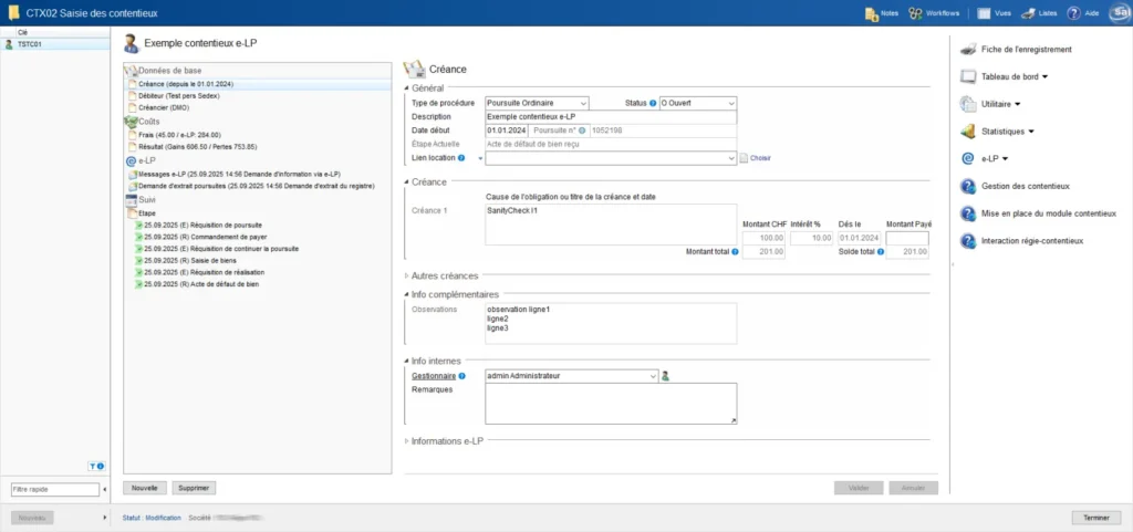 Saisie d'un dossier de contentieux (créance, créancier, débiteur) dans le logiciel sai Finances
