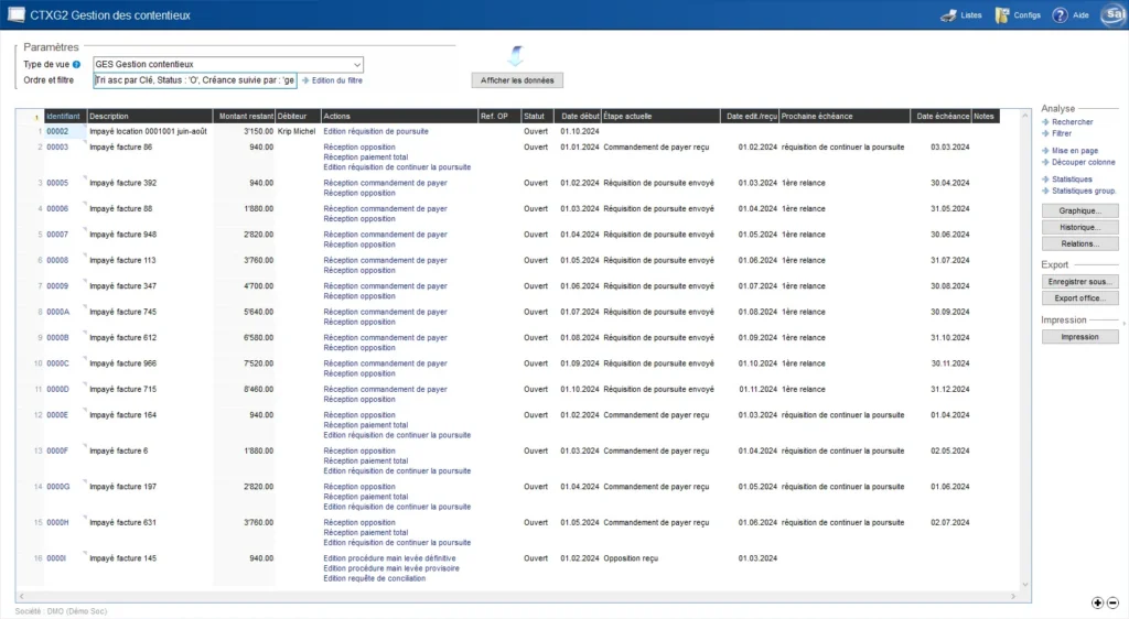 Tableau de bord des dossiers de contentieux dans le logiciel sai Finances