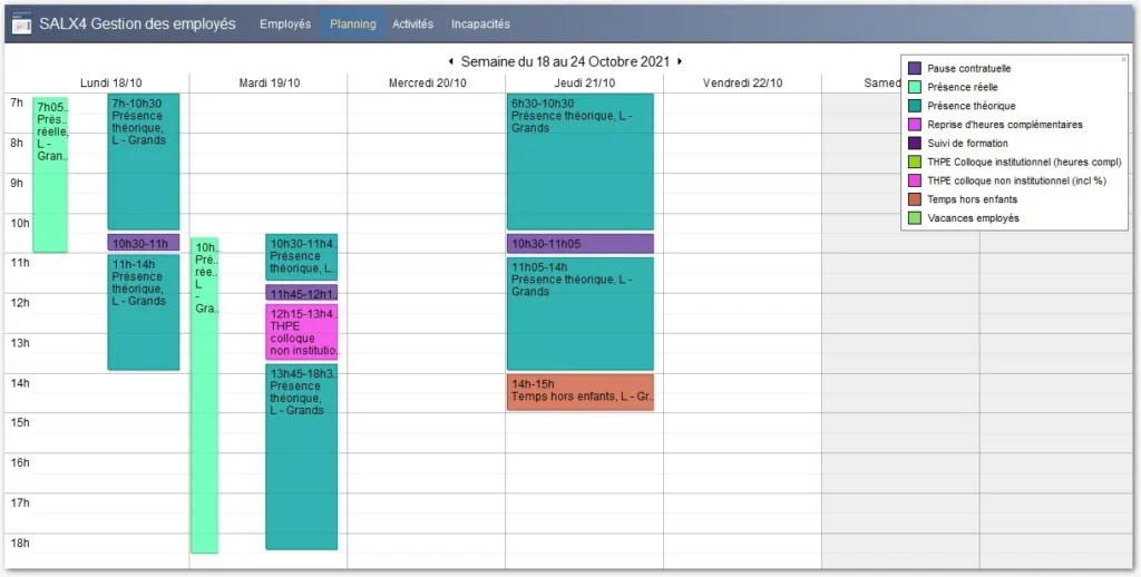 Personnel educatif et planning dans le logiciel de gestion de creche sai DayCare : dossier RH des educatrices et educateurs, planning des presences et decomptes horaires.