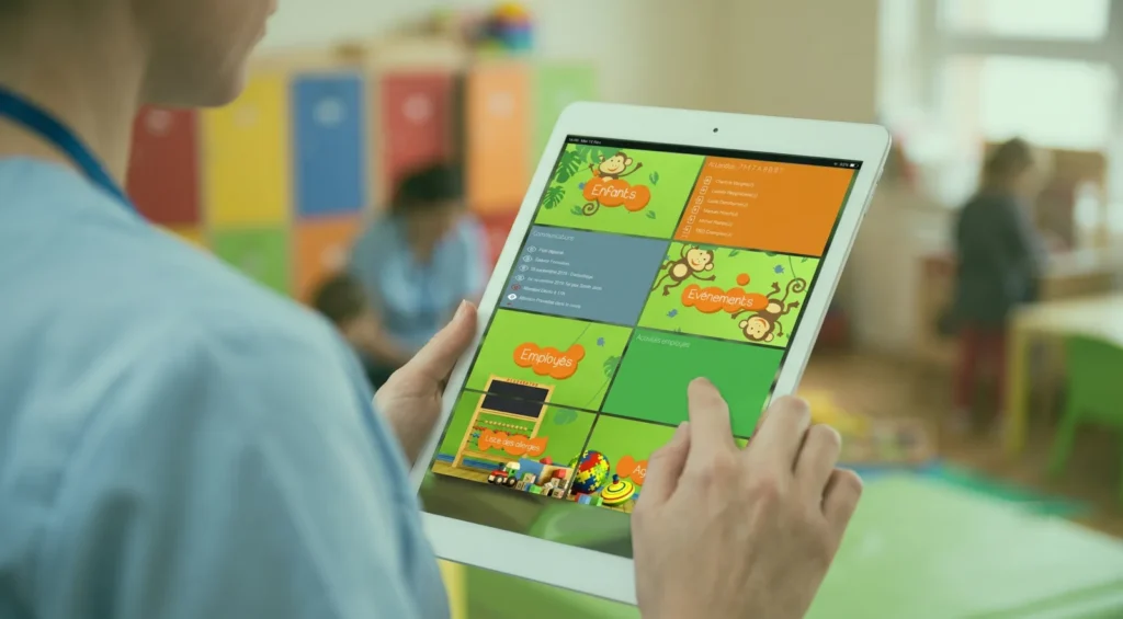 Educatrice pointant les presences des enfants sur tablette avec l'application de gestion de creche sai DayCare : badgeage a l'arrivee et au depart et suivi du taux d'encadrement.