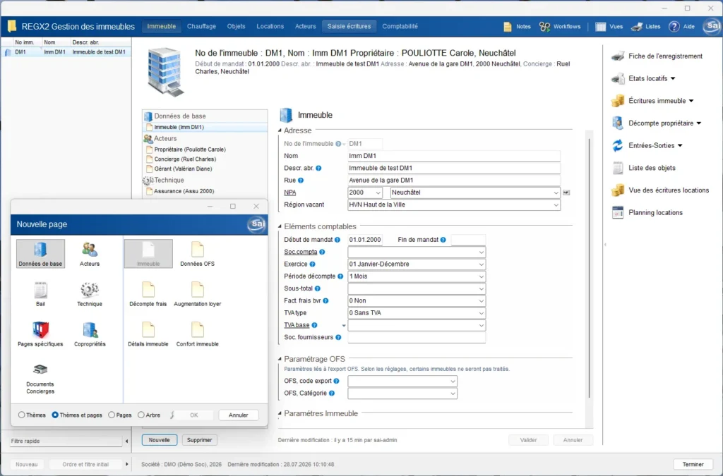 Gestion des immeubles et des objets dans le logiciel de regie immobiliere sai Estate : fiche immeuble, acteurs, elements comptables et parametrage OFS.