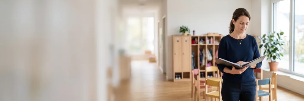 Directrice de crèche consultant un dossier, logiciel crèche Suisse romande