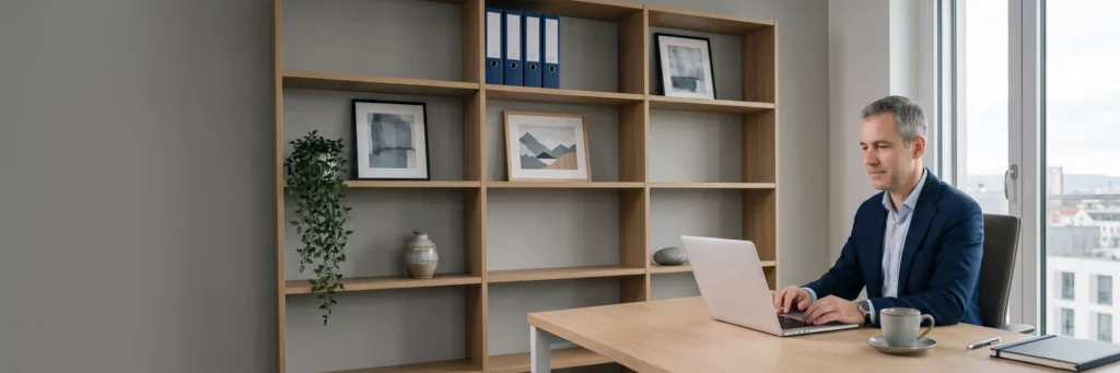 Le même bureau RH, l'étagère ne portant plus que quelques classeurs, des tableaux et une plante