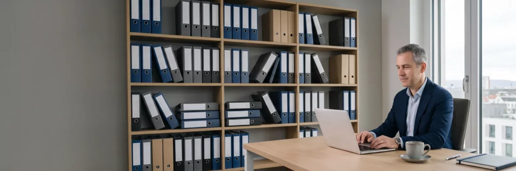 Un bureau RH dont l'étagère est saturée de classeurs d'archives du personnel