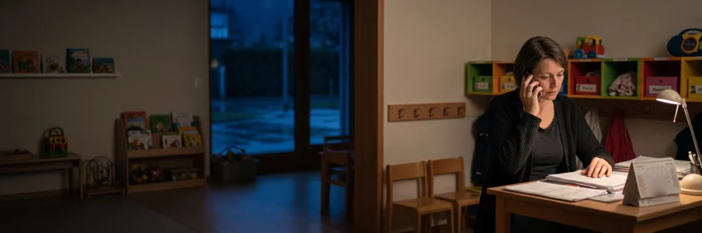 Directrice de crèche au téléphone le soir pour un remplacement de personnel en urgence